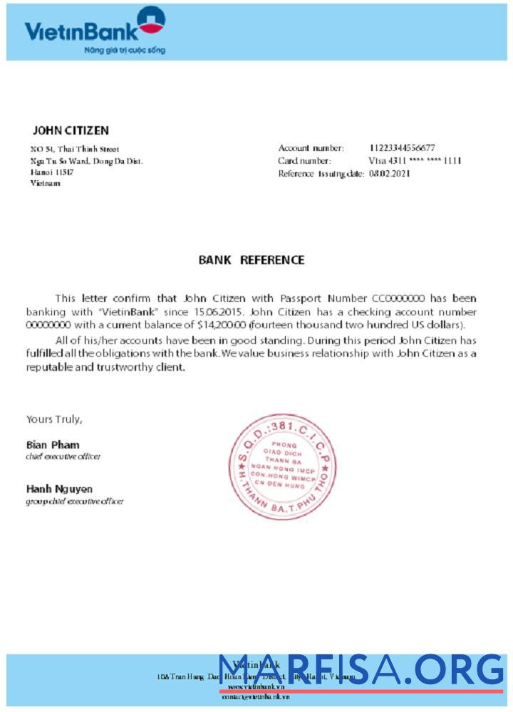 Downloadable Vietnam Vietinbank reference real example